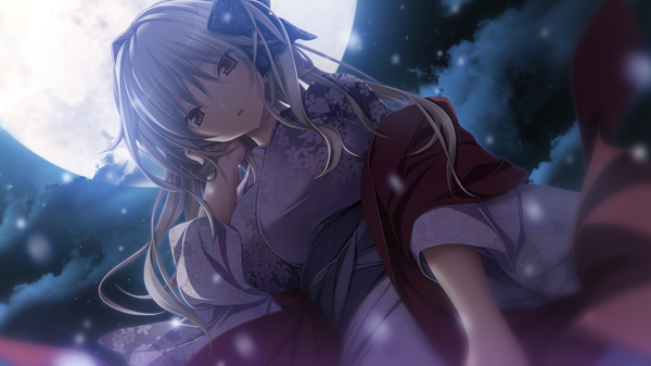 Anime picture 1280x720 with amatsutsumi purple software koizuka mana single long hair looking at viewer wide image brown eyes game cg white hair traditional clothes japanese clothes night girl kimono moon obi