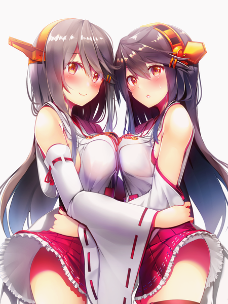 Anime picture 1500x2000 with kantai collection haruna battleship tsukui kachou long hair tall image looking at viewer blush fringe breasts light erotic black hair simple background smile hair between eyes white background bare shoulders multiple girls yellow eyes ass traditional clothes