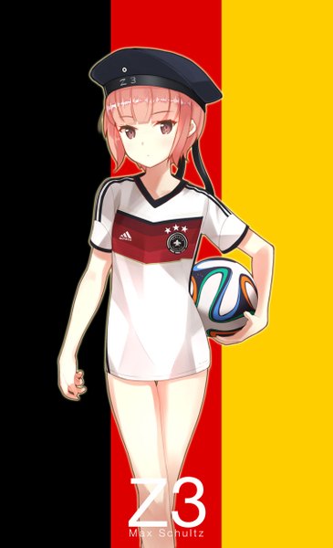 Anime picture 755x1241 with kantai collection z3 destroyer (max schultz) touyama eight single tall image looking at viewer blush short hair pink hair pink eyes character names clothes writing football germany girl uniform t-shirt gym uniform cap german flag
