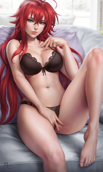 Anime picture 1803x3000 with highschool dxd rias gremory sciamano240 single long hair tall image looking at viewer fringe highres breasts blue eyes light erotic hair between eyes large breasts sitting bare shoulders signed payot cleavage bent knee (knees)