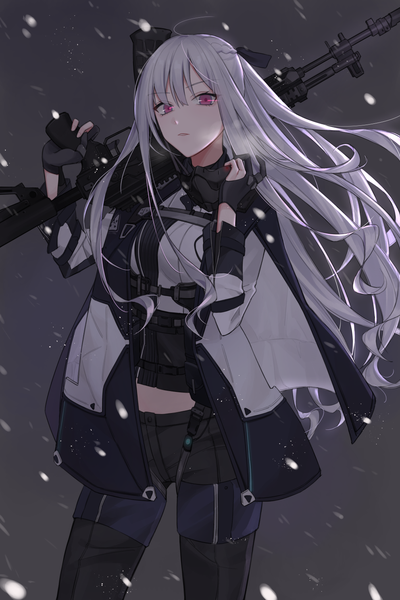 Anime picture 992x1488 with girls frontline ak-12 (girls frontline) qb 516 single long hair tall image looking at viewer fringe simple background hair between eyes standing holding silver hair ahoge braid (braids) parted lips pink eyes wind grey background snowing