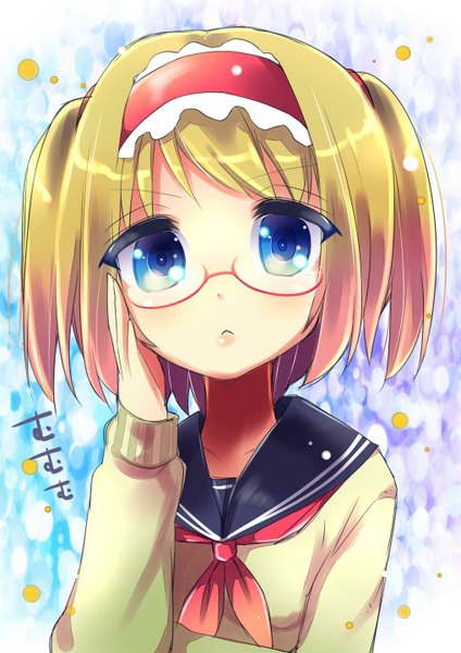 Anime picture 1018x1440 with touhou alice margatroid uta (kuroneko) single tall image looking at viewer blush short hair blue eyes blonde hair two side up alternate costume alternate hairstyle adjusting glasses bespectacled girl uniform glasses serafuku hairband