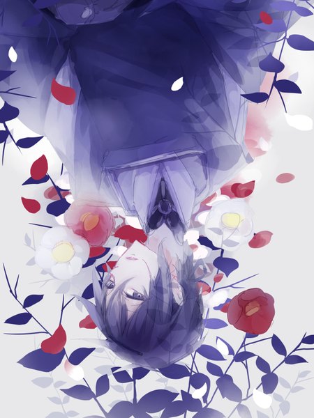 Anime picture 600x800 with touken ranbu nitroplus mikazuki munechika yuukichi single tall image looking at viewer fringe short hair simple background parted lips head tilt black eyes upside down dark hair boy flower (flowers) petals camellia (flower)