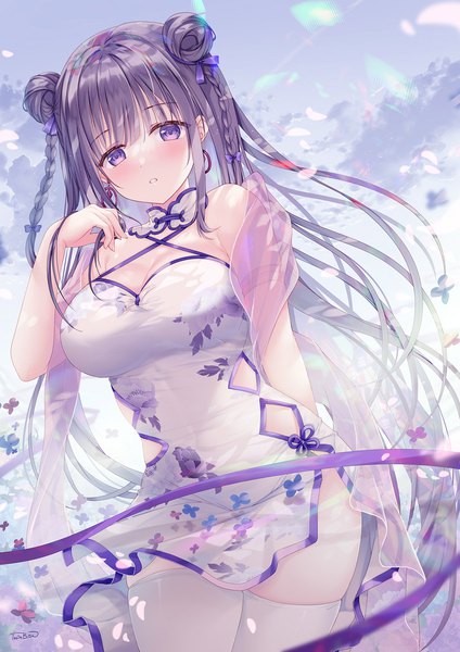 Anime picture 1272x1800 with original sousouman single long hair tall image looking at viewer blush fringe breasts light erotic large breasts standing purple eyes bare shoulders signed payot sky cleavage purple hair cloud (clouds)