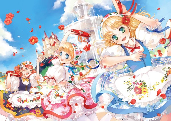 Anime picture 1200x849 with daisy (artist) open mouth blue eyes blonde hair smile brown hair multiple girls green eyes sky cloud (clouds) braid (braids) eyes closed hair flower aqua eyes wind orange hair dancing music girl dress