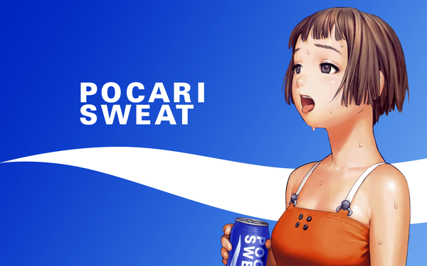 Anime picture 1920x1200 with robot (manga) pocari sweat range murata single highres short hair open mouth simple background brown hair wide image bare shoulders brown eyes inscription wet wallpaper blue background girl tongue