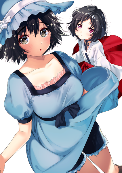 Anime picture 600x849 with steins;gate white fox shiina mayuri urushibara ruka yanyo (ogino atsuki) tall image looking at viewer blush fringe short hair breasts open mouth black hair simple background hair between eyes white background sitting brown eyes traditional clothes japanese clothes