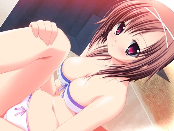 Anime picture 1200x900 with short hair light erotic purple eyes game cg underwear only girl underwear