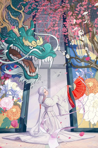 Anime picture 3000x4508 with original nakauma single tall image highres silver hair indoors very long hair traditional clothes japanese clothes low ponytail half updo new year fantasy animal print plum blossoms bird print girl flower (flowers) plant (plants)