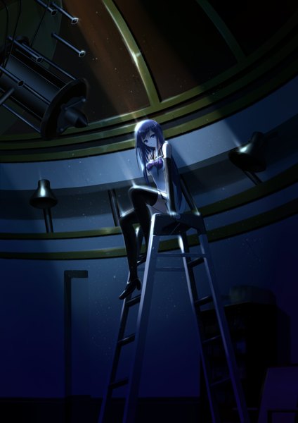 Anime picture 2480x3507 with gokukoku no brynhildr arms corporation kuroha neko ccjn single long hair tall image looking at viewer fringe highres breasts blue eyes sitting blue hair from below zettai ryouiki looking down girl thighhighs dress
