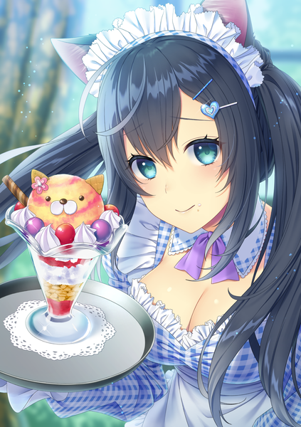 Anime picture 1000x1419 with original daidai jamu single long hair tall image looking at viewer fringe breasts black hair hair between eyes large breasts twintails holding animal ears payot cleavage upper body ahoge aqua eyes light smile