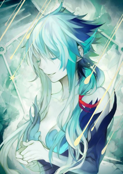 Anime picture 636x900 with original yamakawa single long hair tall image fringe short hair breasts smile hair between eyes twintails bare shoulders payot blue hair cleavage upper body eyes closed parted lips multicolored hair aqua hair