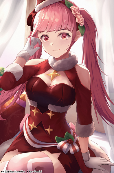 Anime picture 2600x3960 with fire emblem fire emblem: three houses fire emblem heroes nintendo hilda valentine goneril ryo-suzuki single long hair tall image looking at viewer blush fringe highres breasts light erotic smile sitting twintails bare shoulders signed