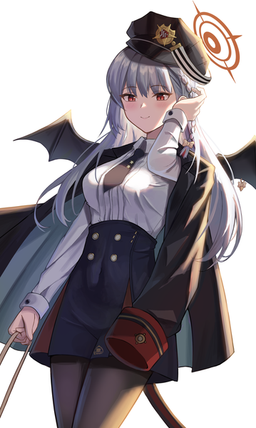 Anime picture 1719x2871 with blue archive haruna (blue archive) rahy single long hair tall image highres simple background smile red eyes white background looking away silver hair adjusting hair demon wings clothes on shoulders girl pantyhose wings black pantyhose