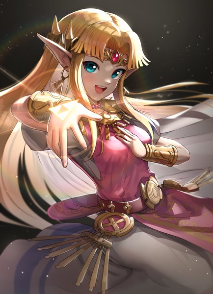 Anime picture 1287x1778 with the legend of zelda super smash bros. nintendo princess zelda gonzarez single long hair tall image looking at viewer open mouth blue eyes blonde hair :d pointy ears outstretched arm elf triforce girl earrings