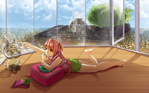 Anime picture 2500x1559 with original hmniao single long hair highres open mouth red eyes wide image cloud (clouds) lying barefoot orange hair girl food shorts window sweets fountain