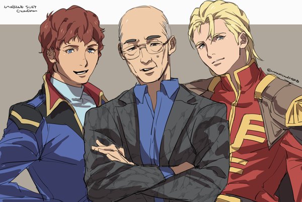 Anime picture 3147x2107 with mobile suit gundam mobile suit gundam - char's counterattack sunrise (studio) real life char aznable amuro ray tomino yoshiyuki ryukusou looking at viewer highres short hair blue eyes simple background blonde hair brown hair signed absurdres upper body black eyes grey background