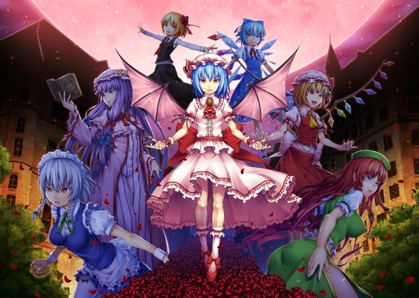 Anime picture 1208x859 with touhou the embodiment of scarlet devil flandre scarlet remilia scarlet izayoi sakuya patchouli knowledge cirno hong meiling rumia aka (shoumae) long hair short hair blue eyes blonde hair red eyes multiple girls blue hair purple hair red hair maid