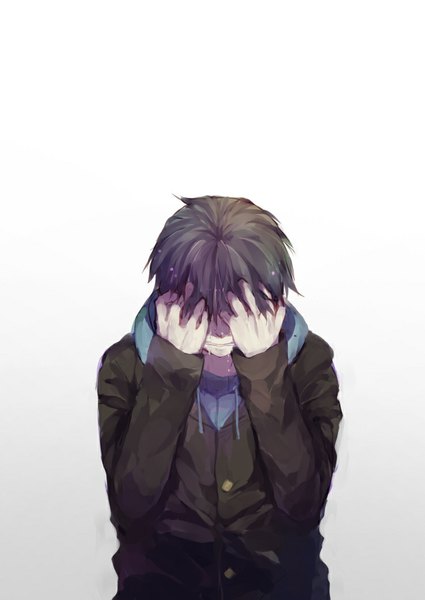 Anime picture 738x1041 with tokyo ghoul studio pierrot kaneki ken fuurin single tall image fringe short hair black hair tears covering crying covering eye (eyes) boy hood winter clothes