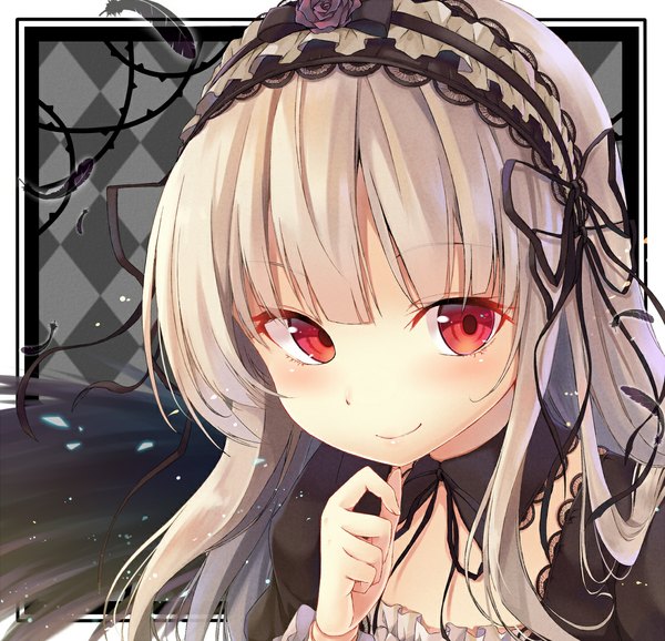 Anime picture 1120x1079 with rozen maiden suigintou kakao rantan single long hair looking at viewer red eyes silver hair light smile close-up face black wings lolita fashion checkered goth-loli checkered background doll joints girl dress ribbon (ribbons)