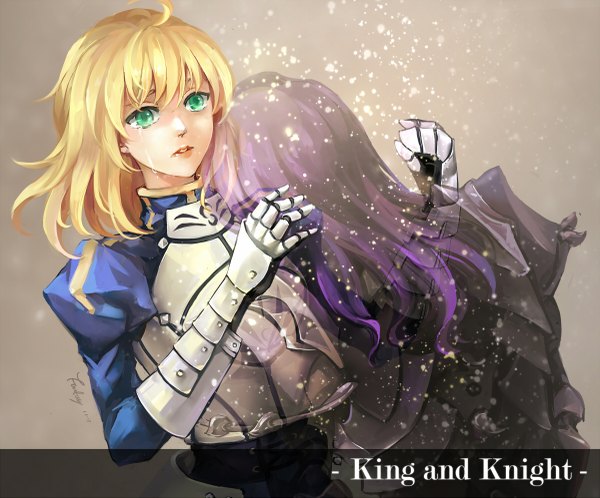Anime picture 1200x997 with fate (series) fate/zero type-moon artoria pendragon (all) saber berserker (fate/zero) long hair fringe blonde hair green eyes purple hair lips from behind hug tears back crying girl dress boy