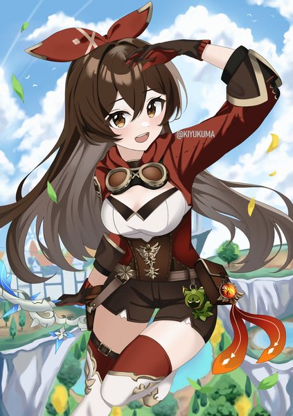 Anime picture 1444x2048 with genshin impact amber (genshin impact) cuilein-anbar (genshin impact) kuma (kiyukumaa) single long hair tall image looking at viewer fringe open mouth hair between eyes brown hair brown eyes sky cloud (clouds) :d salute goggles around neck girl thighhighs