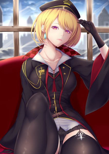 Anime picture 1240x1754 with azur lane prince of wales (azur lane) prince of wales (elegant sakura-style outfit) (azur lane) shiro usagi single tall image looking at viewer blush fringe short hair breasts light erotic blonde hair hair between eyes red eyes sitting indoors pleated skirt lips wide sleeves