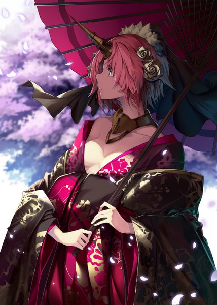Anime picture 571x800 with fate (series) fate/apocrypha frankenstein's monster (fate) soya (torga) single tall image short hair breasts light erotic standing bare shoulders holding yellow eyes looking away pink hair outdoors long sleeves traditional clothes japanese clothes profile