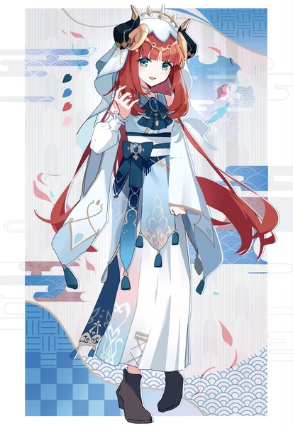 Anime picture 1411x2048 with genshin impact nilou (genshin impact) utori (tanakautori) single tall image looking at viewer fringe open mouth blue eyes standing twintails full body red hair blunt bangs long sleeves very long hair traditional clothes :d japanese clothes arm up