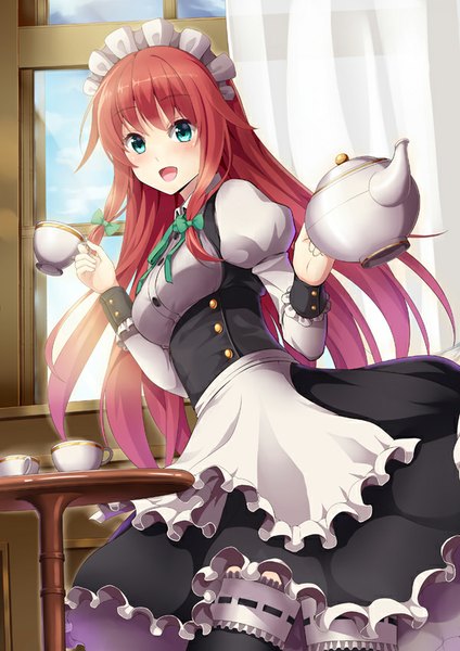 Anime picture 600x849 with original huyumitsu single long hair tall image looking at viewer blush open mouth blue eyes red hair maid girl uniform frills headdress maid headdress apron cup teapot