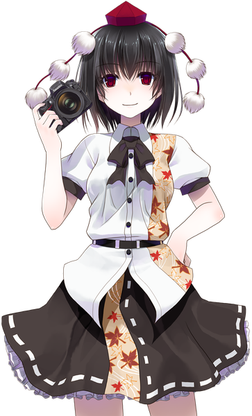 Anime picture 805x1330 with touhou shameimaru aya crote single tall image looking at viewer short hair black hair smile red eyes hand on hip transparent background girl dress hat mini hat pom pom (clothes) mini top hat camera