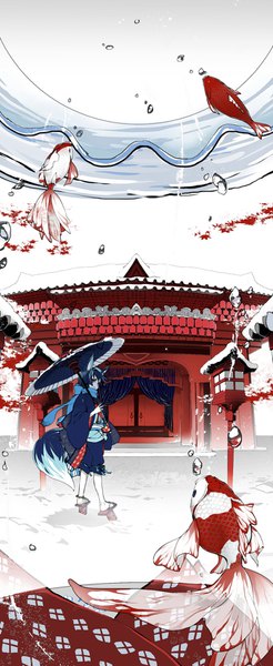 Anime picture 684x1664 with original aoi sakurako single tall image looking at viewer short hair smile animal ears blue hair full body tail traditional clothes japanese clothes animal tail fox ears fox tail fox boy boy animal scarf
