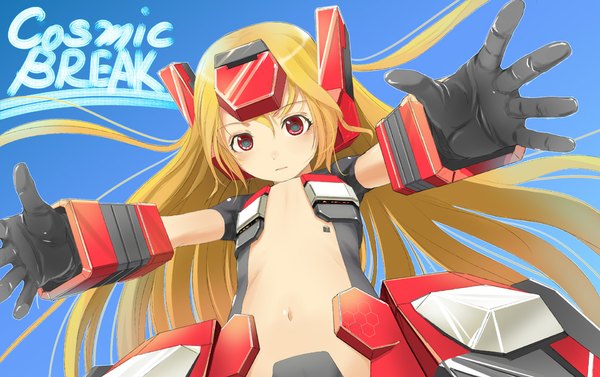 Anime picture 1024x644 with cosmic break crimrose sody (artist) single long hair blush light erotic simple background blonde hair red eyes inscription flat chest spread arms blue background mecha musume girl navel barcode