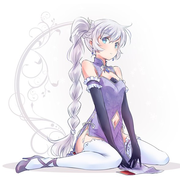 Anime picture 1412x1440 with rwby rooster teeth weiss schnee iesupa single long hair tall image looking at viewer blue eyes simple background white background sitting silver hair full body traditional clothes high heels side ponytail wariza chinese clothes scar