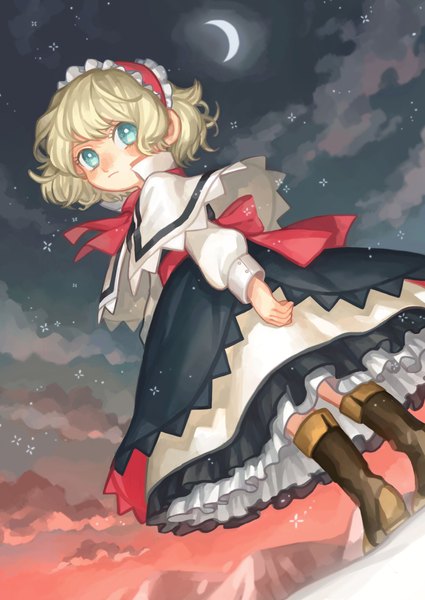 Anime picture 2150x3035 with touhou alice margatroid yai (hachihito) single tall image looking at viewer blush highres short hair blue eyes blonde hair sky cloud (clouds) long sleeves night from below dutch angle puffy sleeves night sky crescent