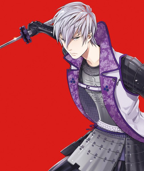 Anime picture 1194x1417 with sengoku basara production i.g mitsunari ishida kaimichi single tall image looking at viewer short hair simple background green eyes grey hair spread arms red background boy weapon sword armor katana