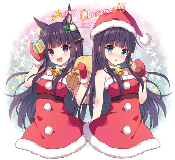 Anime picture 800x732 with princess connect! re:dive princess connect! kasumi (princess connect!) mauve long hair blush fringe open mouth blue eyes black hair purple eyes multiple girls holding signed animal ears blunt bangs :d :o twitter username christmas