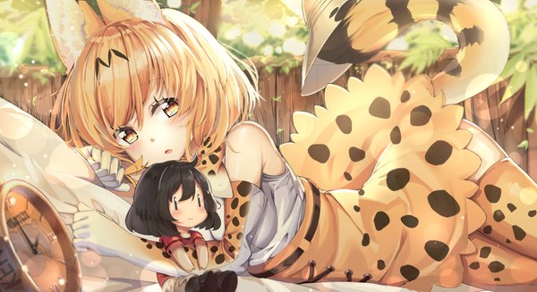 Anime picture 4400x2400 with kemono friends serval (kemono friends) kaban (kemono friends) animal ears (artist) single looking at viewer blush fringe highres short hair open mouth blonde hair hair between eyes wide image bare shoulders animal ears yellow eyes absurdres outdoors tail