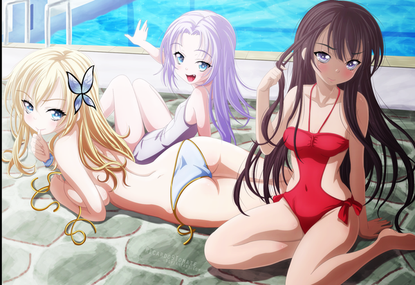 Anime picture 2000x1376 with boku wa tomodachi ga sukunai kashiwazaki sena mikazuki yozora takayama maria ric9duran long hair blush highres open mouth blue eyes light erotic black hair blonde hair smile purple eyes multiple girls purple hair coloring finger to mouth flat chest