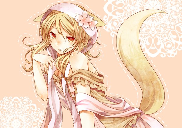 Anime picture 1169x826 with toudou charo single long hair looking at viewer blonde hair red eyes bare shoulders fox ears fox tail fox girl girl dress