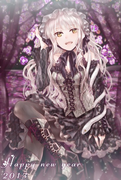 Anime picture 830x1228 with original neme single long hair tall image looking at viewer open mouth yellow eyes white hair happy new year girl dress detached sleeves pantyhose boots bonnet