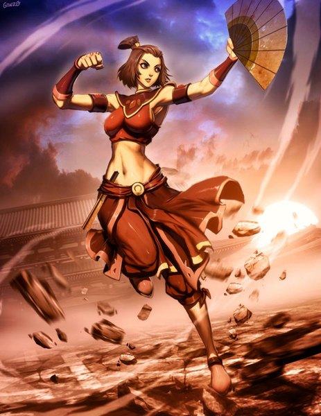 Anime picture 695x900 with avatar: the last airbender nickelodeon suki genzoman single tall image short hair brown hair sky cloud (clouds) wind armpit (armpits) midriff grey eyes alternate costume girl navel fan fist closed fan