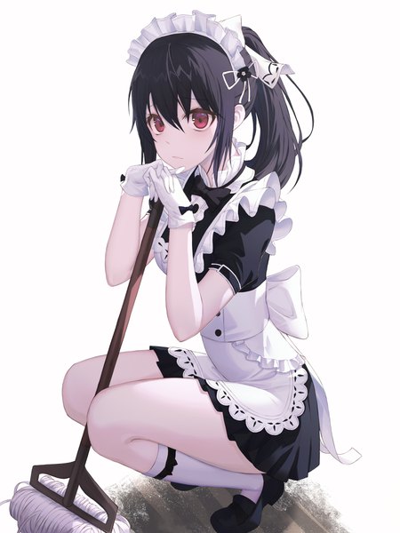 Anime picture 3000x4000 with original herb (artist) single long hair tall image looking at viewer fringe highres black hair simple background hair between eyes red eyes white background full body bent knee (knees) ponytail short sleeves maid squat girl
