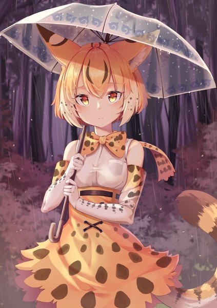 Anime picture 2400x3400 with kemono friends extra serval (kemono friends) animal ears (artist) single tall image looking at viewer blush fringe highres short hair breasts hair between eyes standing holding animal ears outdoors tail animal tail orange hair orange eyes