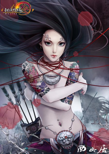 Anime picture 2480x3508 with jianxia qingyuan 3 zhang xiao bai single long hair tall image highres blue eyes light erotic black hair absurdres lips realistic inscription tattoo piercing girl bracelet flag arrow (arrows) thread