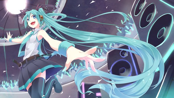 Anime picture 1920x1080 with project diva f 2nd vocaloid hatsune miku asutora single blush fringe highres open mouth blue eyes hair between eyes wide image twintails looking away very long hair pleated skirt aqua hair teeth from below dutch angle