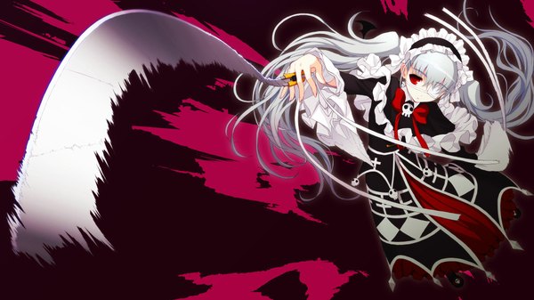 Anime picture 2048x1152 with axanael (game) long hair highres red eyes wide image twintails game cg white hair bandage over one eye girl weapon headdress maid headdress skull