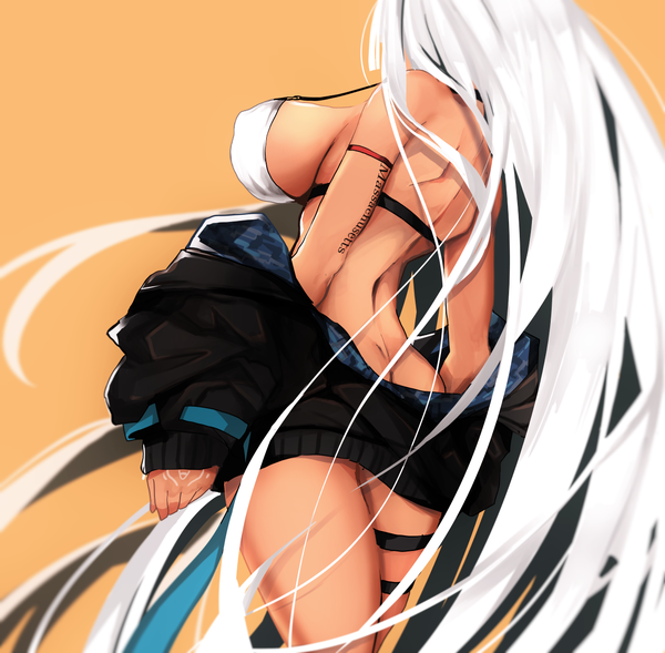 Anime picture 1244x1222 with azur lane massachusetts (azur lane) narue single breasts light erotic simple background large breasts standing white hair very long hair from behind off shoulder character names thighs sideboob back dark skin butt crack unzipped