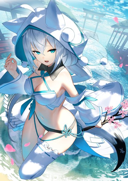 Anime picture 2124x3000 with virtual youtuber hololive shirakami fubuki scottie (phantom2) single long hair tall image looking at viewer fringe highres open mouth blue eyes light erotic hair between eyes standing holding animal ears sky cleavage silver hair