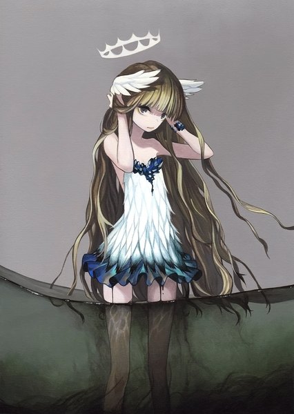 Anime picture 993x1400 with original megusuri single long hair tall image looking at viewer fringe blonde hair bare shoulders grey eyes partially submerged head wings traditional media girl dress wings water jewelry halo short dress